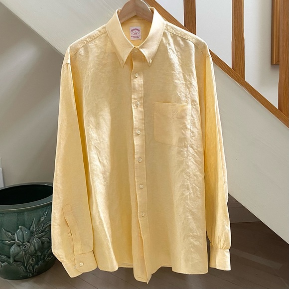 BROOKS BROTHERS 346 MEN’S 100% LINEN SHIRT YELLOW SIZE LARGE - Picture 2 of 15